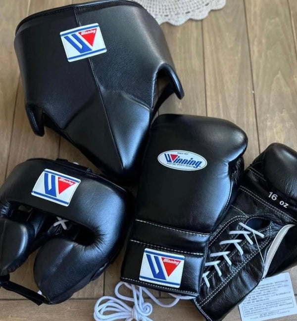 Winning Black Training Set – Lace-Up Boxing Gloves 16oz + Headgear + Groin Protector | Premium Japan-Made Gear