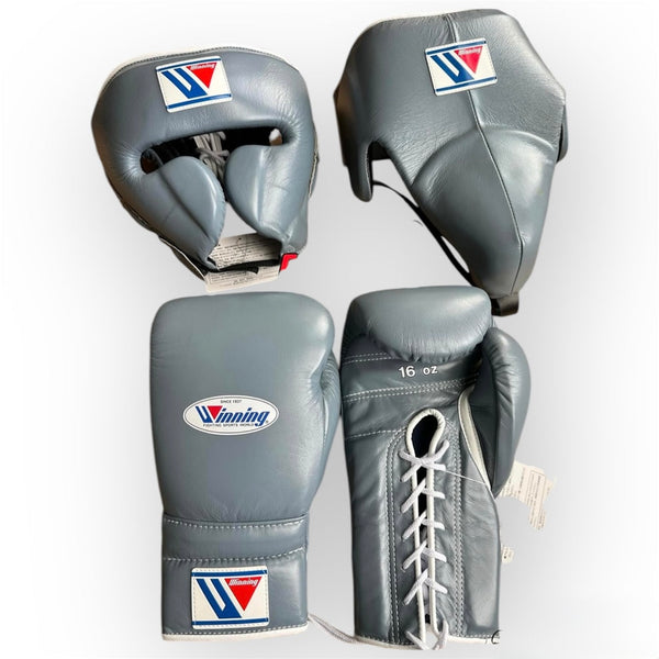 Winning Professional Boxing Gear Set – Gloves, Headgear & Groin Protector | Grey Edition | All Sizes (S–XL, 8oz–18oz Gloves)