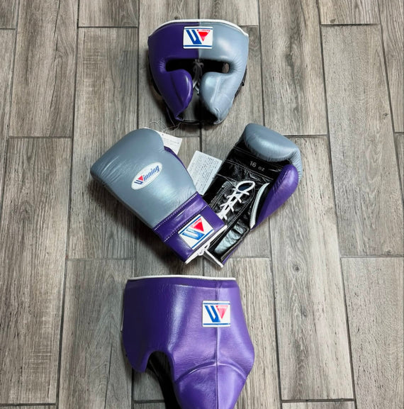 Winning Boxing Set – Purple & Silver Gloves, Headgear & Groin Protector | Professional Sparring & Training Gear (8oz–16oz Gloves)