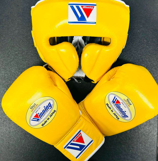 Winning Yellow Boxing Set – Lace-Up Gloves (All Sizes Available) + Headgear | Premium Japan-Made Gear