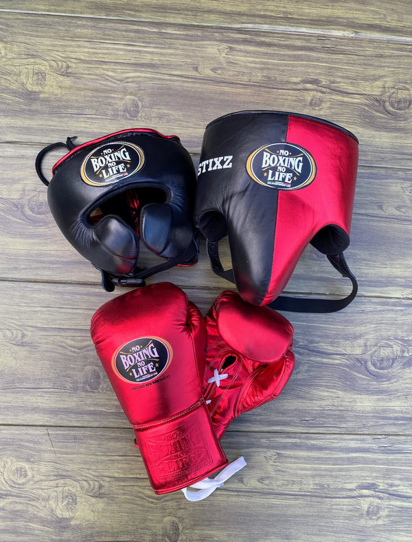 No Boxing No Life Boxing Set – Red & Black Gloves, Headgear & Groin Protector | Professional Training & Sparring Gear (8oz–16oz Gloves)