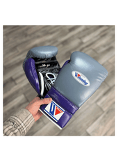 Winning Custom Lace-Up Boxing Gloves – Grey, Purple & Black | Premium Japan-Made Sparring Gloves