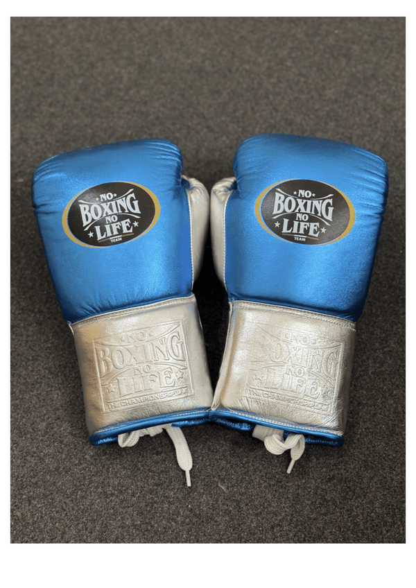 No Boxing No Life Blue & Silver Lace-Up Boxing Gloves | Mexican Handmade Professional Gloves