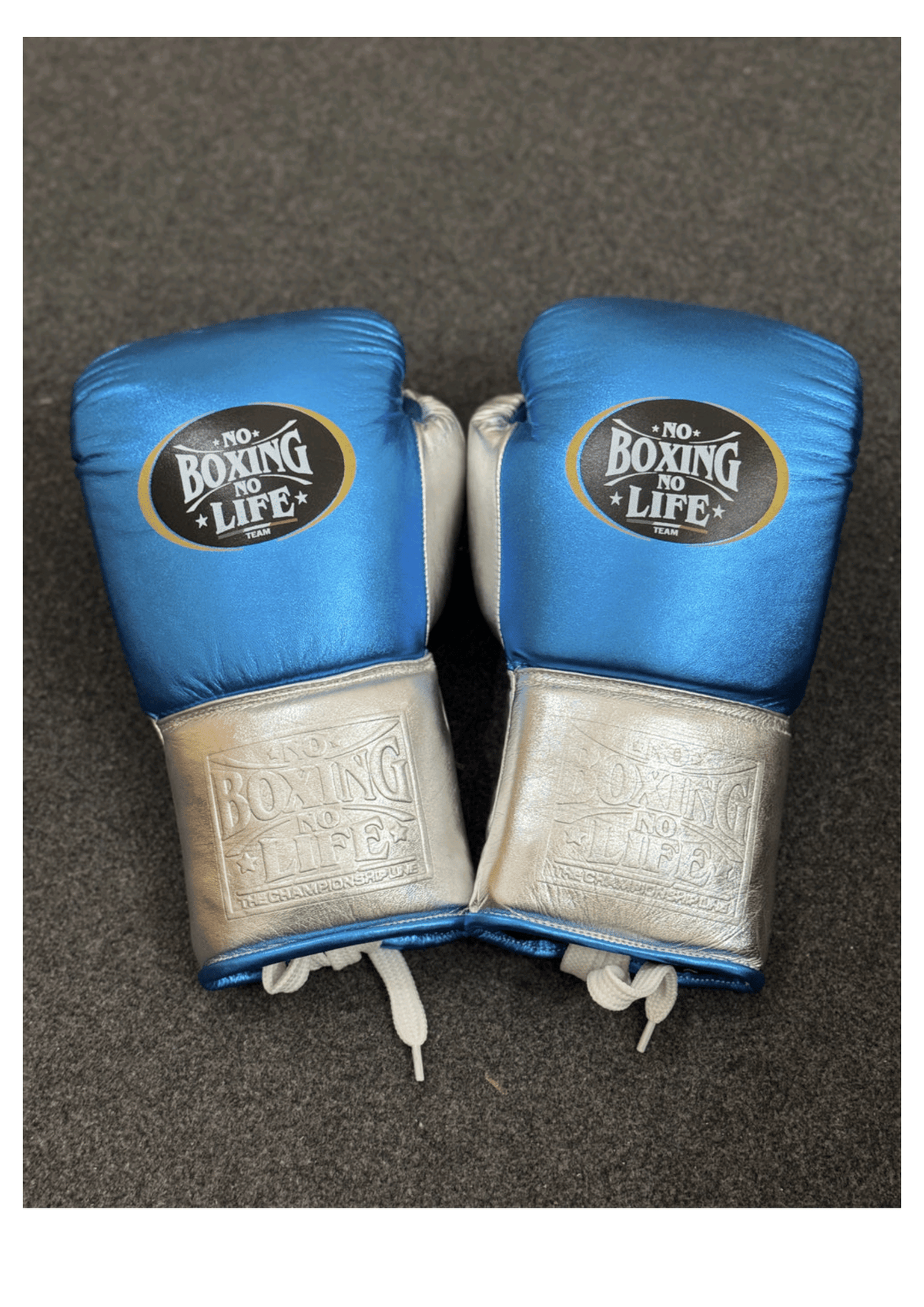 No Boxing No Life Blue & Silver Lace-Up Boxing Gloves | Mexican Handmade Professional Gloves