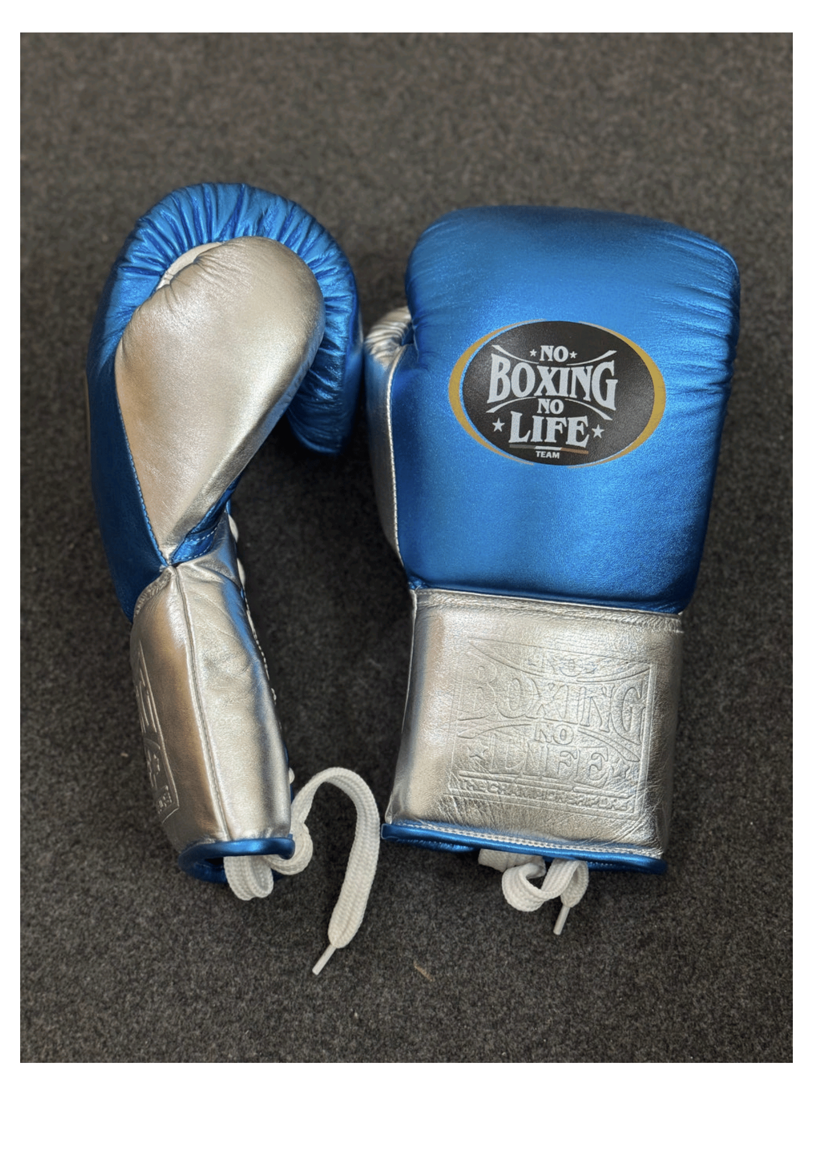 No Boxing No Life Blue & Silver Lace-Up Boxing Gloves | Mexican Handmade Professional Gloves