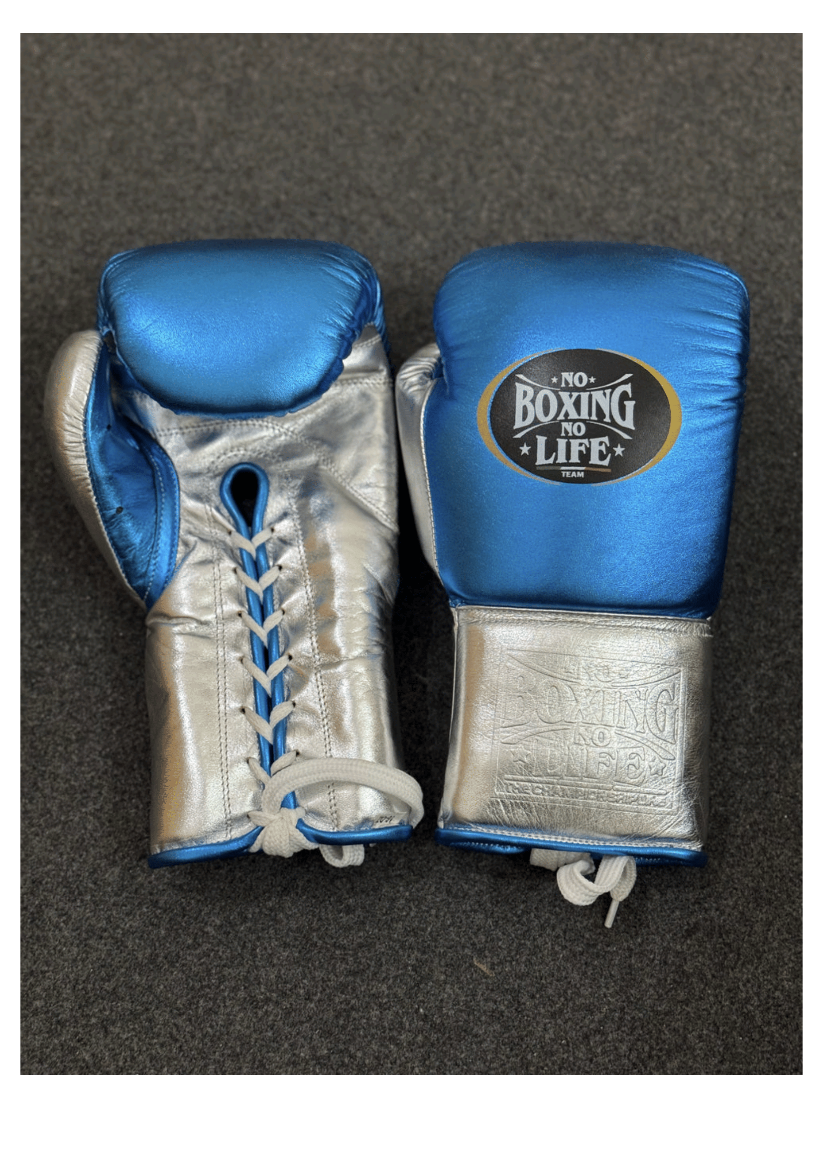 No Boxing No Life Blue & Silver Lace-Up Boxing Gloves | Mexican Handmade Professional Gloves