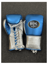 No Boxing No Life Blue & Silver Lace-Up Boxing Gloves | Mexican Handmade Professional Gloves