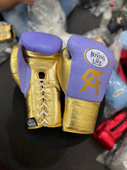 No Boxing No Life Professional Lace-Up Boxing Gloves – Premium Training & Fight Gloves | Purple & Gold Edition | All Sizes (8oz–18oz)
