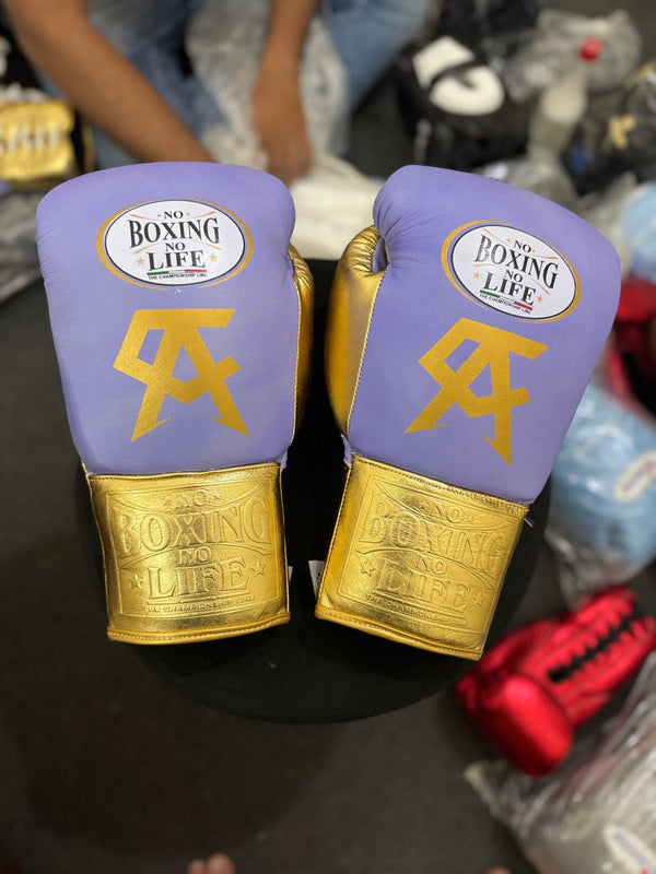 No Boxing No Life Professional Lace-Up Boxing Gloves – Premium Training & Fight Gloves | Purple & Gold Edition | All Sizes (8oz–18oz)