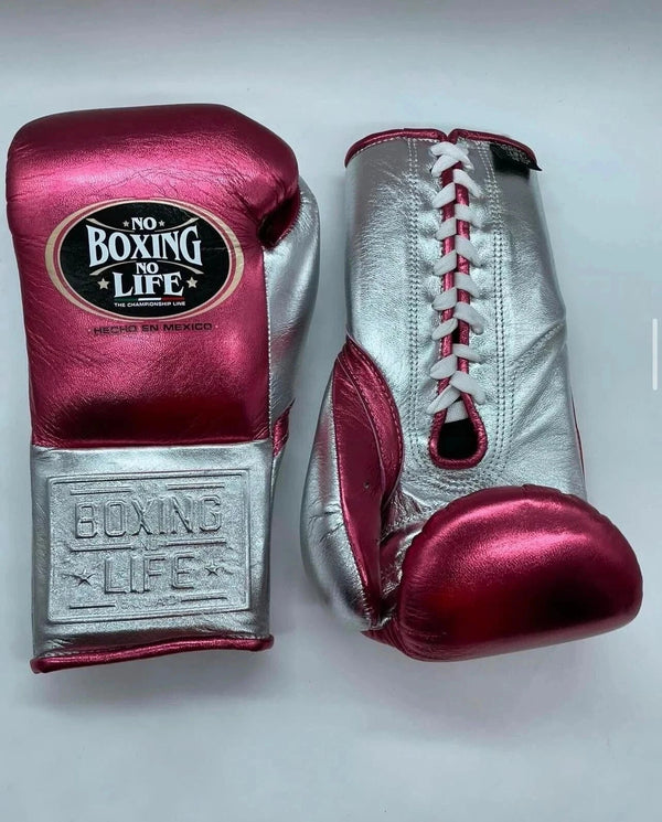 No Boxing No Life Professional Boxing Gloves Silver/Red | Mexican Handmade Lace-Up Gloves