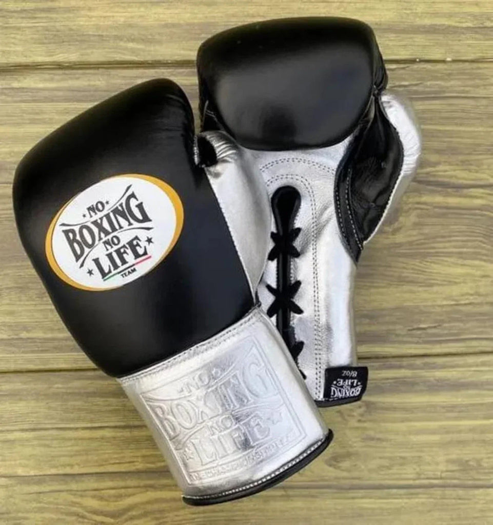 No Boxing No Life Black & Silver Lace-Up Boxing Gloves – PunchPro