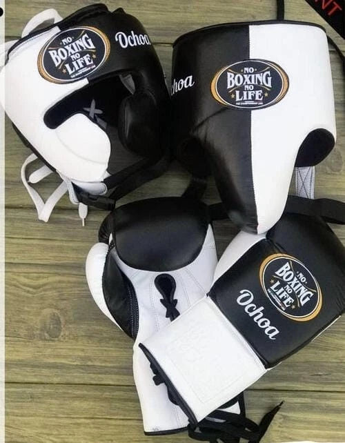 No Boxing No Life Black & White Boxing Set | Pro Gloves, Headgear & Groin Protector – Custom Edition