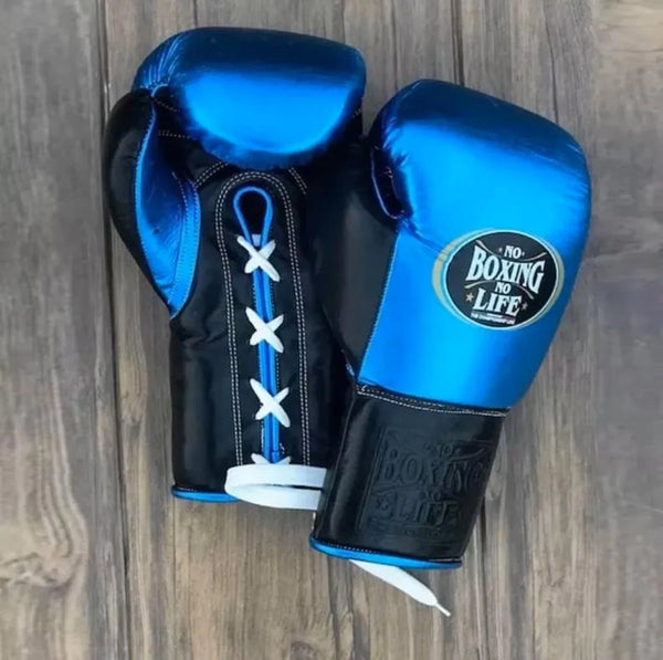 No Boxing No Life Blue & Black Lace-Up Boxing Gloves | Professional Training & Sparring Gloves